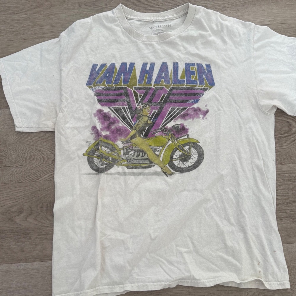 Van Halen Graphic T-Shirt Mens Large White Motorcycle Pin Up Rock Band Tee
